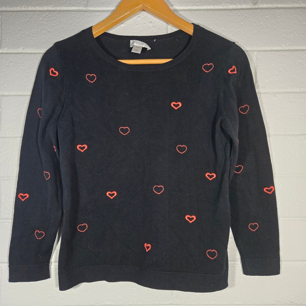 Christopher & Banks Sweater Petite Medium Black Red Heart Embroidered Novelty